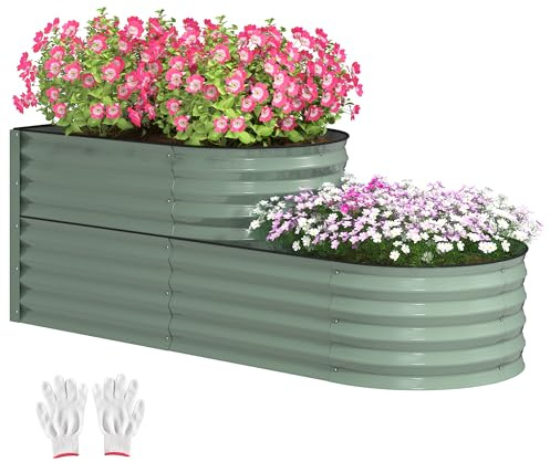 Outsunny 2-Tier Raised Garden Bed, Outdoor Galvanised Planter Box with Safety Edging and Gloves, Metal Raised Bed with Open Bottom for Vegetables, Flowers, Fruits and Herbs, Light Green