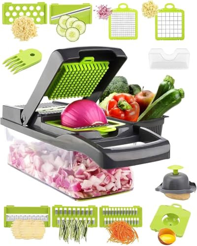 15-in-1 Multifunctional Vegetable Chopper & Mandoline Slicer – Premium Food Cutter with 7 Blades, Peeler, Cleaning Brush & Protective Mitt for Easy Veggie & Fruit Slicing with Free Gloves.
