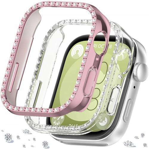 DEALELE [2-pack] bling, klockfodral, kompatibelt med Huawei Watch FIT 3, glitter, enkel rad diamant, PC, skyddande fodral, ersättning, klockskydd, stötfångare för Huawei Fit 3 Watch (rosa transparent)