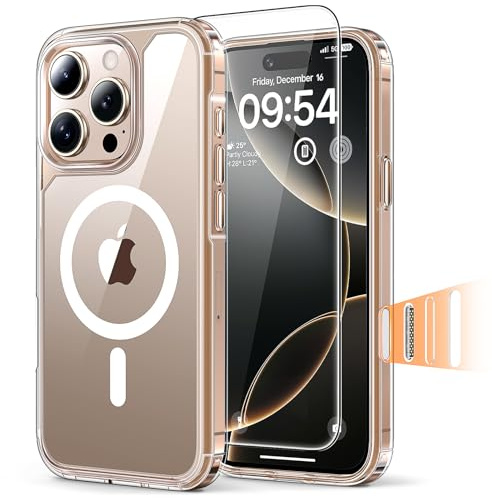 TAURI Cover Magnetica per iPhone 16 Pro, Trasparente | con Pellicola in Vetro Temperato,Compatibile con MagSafe,Controllo Della Fotocamera,Magnetica Custodia per Sottile Anticaduta