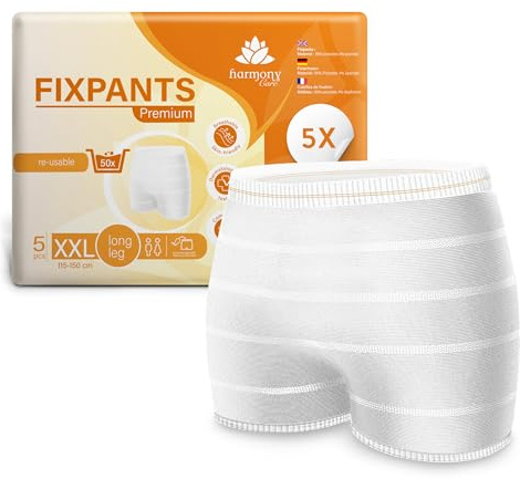 Harmony Care® Fixpants Premium - extra weiche Netzhosen bei Inkontinenz und Wochenbett - Fixierhosen für Inkontinenzeinlagen, zuverlässig haltende Netzunterhosen Netzhöschen long leg - XXL 5 Stück