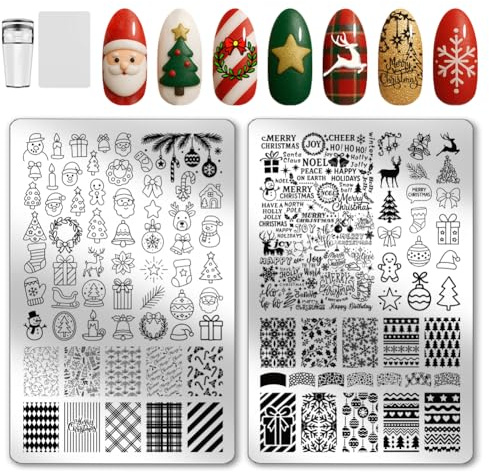 PH PandaHall Christmas Nail Stamping Plates Holiday Greetings Nail Art Templates Santa Claus Snowman Nails Design Stencil Christmas Tree Nails Image Plates for Xmas Winter DIY Manicures Salon, 2pcs