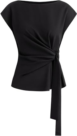 BTFBM Womens Tops Summer 2026 Cap Sleeve Crew Neck Tie Waist Blouses Dressy Casual Business Work Clothes Spring Fashion(Black, Medium)
