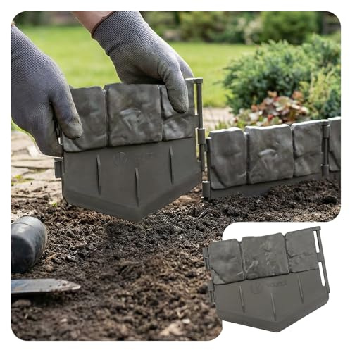 VOUNOT® Bordure de Jardin Imitation Pierre 5.35m en Plastique Ultra Résistant sans Tranchées à Creuser Clôture Gazon Décorative Facile à Installer pour Allée Pelouse Parterre Lot de 35pcs Gris