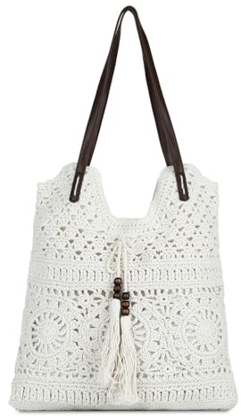 Freiesoldaten Bolso de Playa de Ganchillo para Mujer, Bandolera de Verano Boho Tipo Tote Tejido con Forro, para Vacaciones Viaje y Uso Diario Blanco