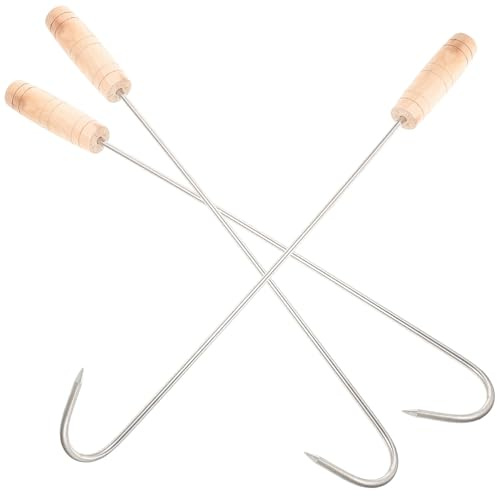 IDEANATEGRATE Ganci per Carne in Acciaio Inox Facili da Inserire e Usare 3 Pezzi Manico in Legno Pratici e Resistenti per Barbecue e Arrosti Domestici