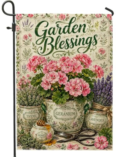 Bandiera da giardino con geranio, vintage, rustica, lavanda, timo, primavera, pesca, juta, double face, decorativa, per esterni, prato, portico, patio, ingresso, 30,5 x 45,7 cm