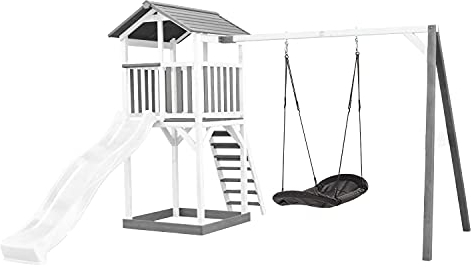 AXI Beach Tower Wooden Play Tower in Grey and White | Play tower with sandpit, nesting swing and white slide | Play house on stilts for the garden