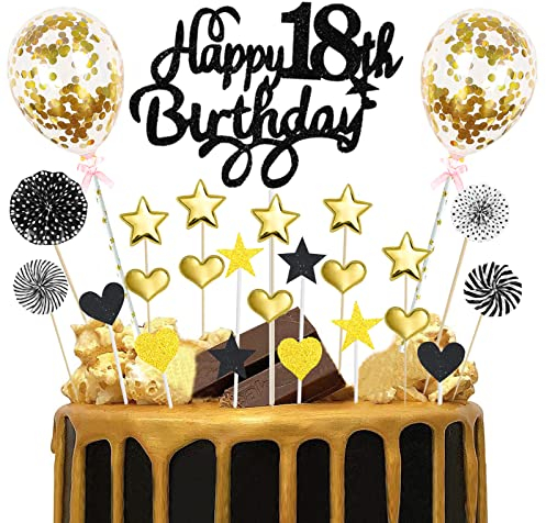 Happy Birthday Cake Topper 18th, 25pcs Black Gold Glitter Happy 18th Birthday Cake Topper with Star Heart Paper Fan Balloon, Birthday Cupcake Topper for Boys Eighteen Anniversary Birthday Party Decor