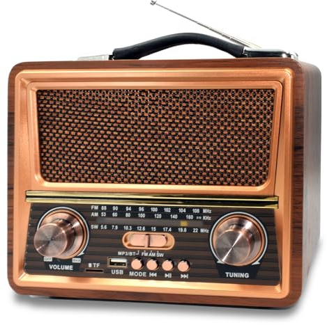 Retro Vintage Portable AM FM SW Radio with Best Sound, DC 5V, 1200mAh Rechargeable Battery Operated Bluetooth Radio with Best Reception, Loud Speaker Support TF Card/USB Playing