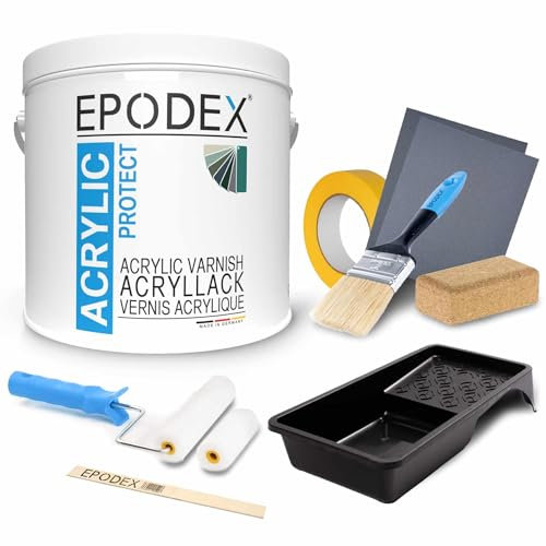 EPODEX ACRYLIC PROTECT mit Zubehör, Möbelfarbe & Möbellack für Holz, Metall, Kunststoff & Stein, Holzlack, Wetterbeständig, Farbe für Möbel & Türen, Wasserbasiert, 1.1kg - 7m² für 2 Anstriche