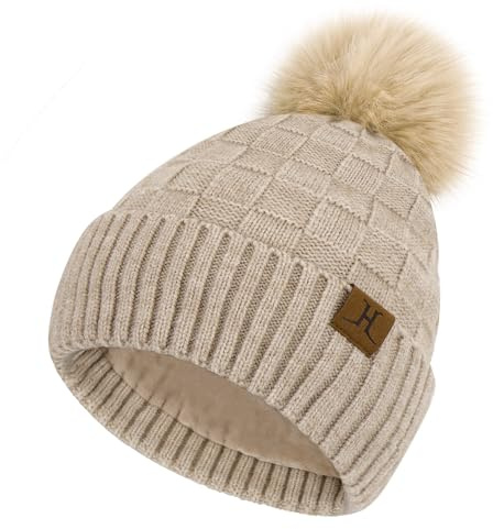 ZASFOU Femme Hiver Bonnet Pompon Chapeau Tricot à Carreaux Tricot Chaud Polaire Doublé Casquette Cadeaux pour Femmes