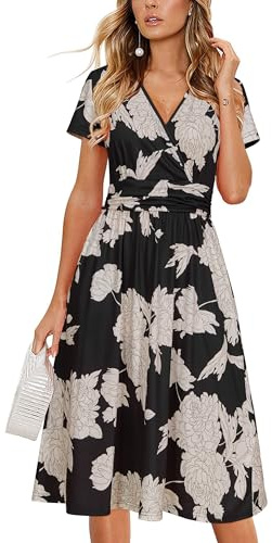 OUGES Women's Summer Midi Dress V-Neck Long/Short Sleeve Floral Ladies Fall Dress with Pockets