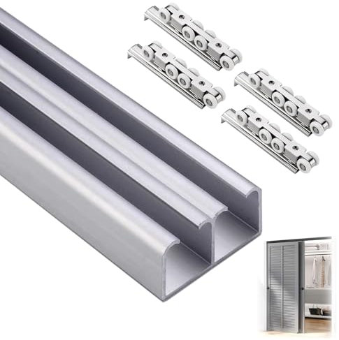 Binario per porta scorrevole Kit Hardware Per Porta Scorrevole Dell'armadio A Doppio Binario, Binario In Alluminio Per Porta Del Fienile Hardware Esterno Per Interni, Set Di Binari Per Porta(Silver,14