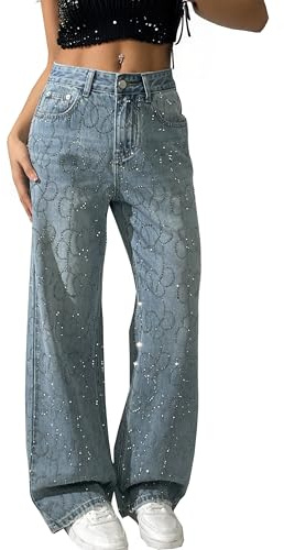 Fakanhui Jeans da donna luccicanti con perline di strass lucidi pantaloni a gamba larga paillettes party club nightout street outfit, Azzurro chiaro, M