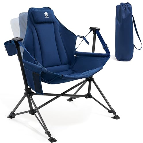 EVER ADVANCED Hammock Camping Chair for Adults Heavy Duty, Folding Swing Rocking Chair Oversized 180 KG with Side Pocket, Padded Cushion & Detachable Cup Holder for Indoor & Outdoor Use Blue