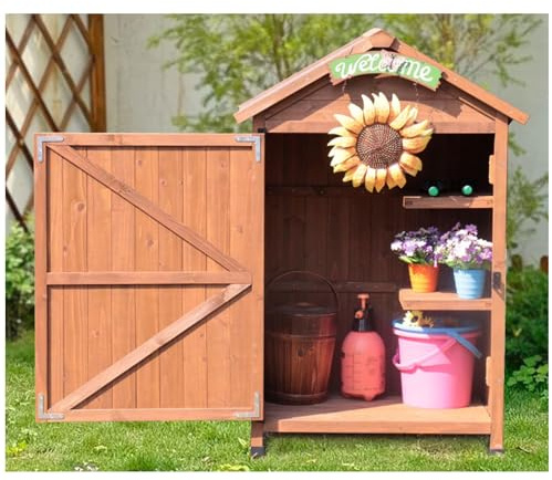 Potting Bench, Waterproof Outdoor Storage Cabinet, Wood Garden Tool Shed, Outside Tool Container, Tool Closet Shed, Garden Lockers with Shelves and Latch, for Yard, Patio, Deck, Porch (Brown