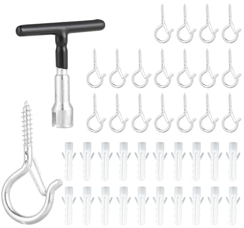 Kievano 20 Pezzi Ganci a Vite con Sicurezza – Ganci Avvitabili in Metallo Argento con Filettatura Affilata, Chiave Nera & Tasselli – Ganci da Soffitto per Lucine, Piante e Decorazioni