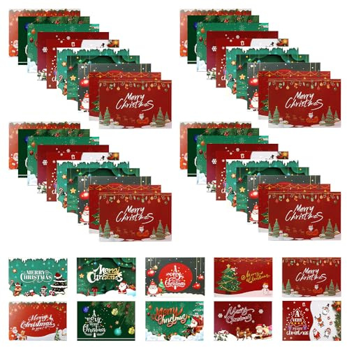 ZSUIQIN Confezione da 50 biglietti di Natale a doppia piega, Biglietto di auguri, per buste, biglietti regalo, soldi, buoni (5 fantasie, 15 x 9,9 cm)
