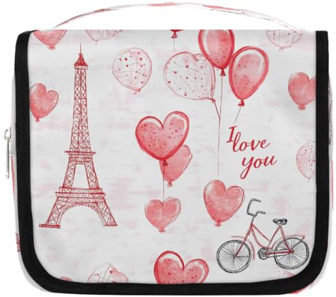 Beauty case da viaggio per San Valentino con torre Eiffel e cuore, con gancio per appenderlo, organizer per trucchi impermeabile da appendere, borsa cosmetica portatile per donne e uomini, accessori