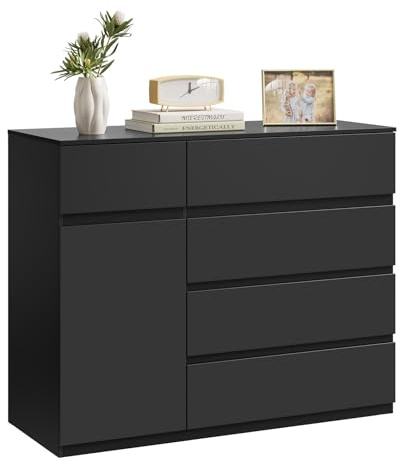 WOLTU Kommode schwarz, mit 5 Schubladen, 1 Schranktür, Moderner Schubladenschrank mit Verstellbarer Ablage, für Wohnzimmer Schlafzimmer Flur, 100 x 80 x 40 cm