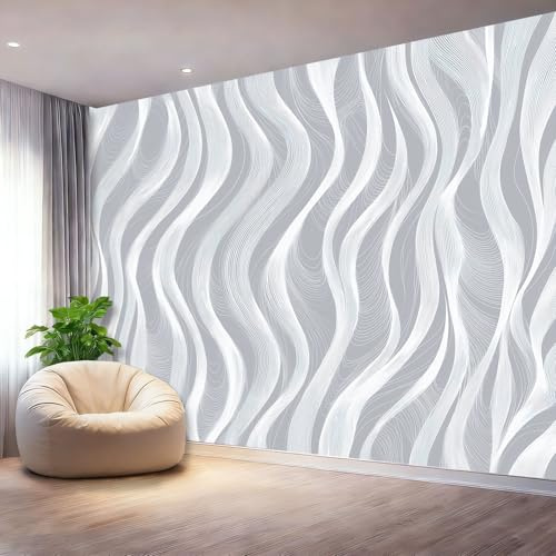 Fotomural 3D Minimalista, Papel Pintado de Líneas Onduladas Blanco y Gris, Decoración Moderna para Salón Dormitorio Oficina, Mural de Pared Grande 350 x 256 cm（WXH