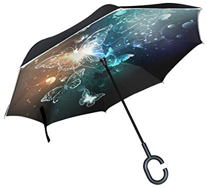 ISAOA Gro?er umgekehrter faltbarer Regenschirm, doppellagig, winddicht, UV-Schutz, Regenschirm, f¨¹r den Au?enbereich, C-f?rmiger Griff, selbststehend, helle Nacht-Schmetterlinge, Regenschirm
