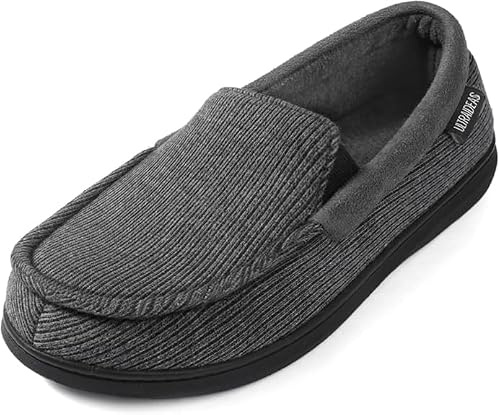 ULTRAIDEAS Men's Moc-Toe Slippers Loafer House Shoes Indoor Outdoor Memory Foam with Breathable&Warm Knit Upper, Charcoal Grey, 10 US