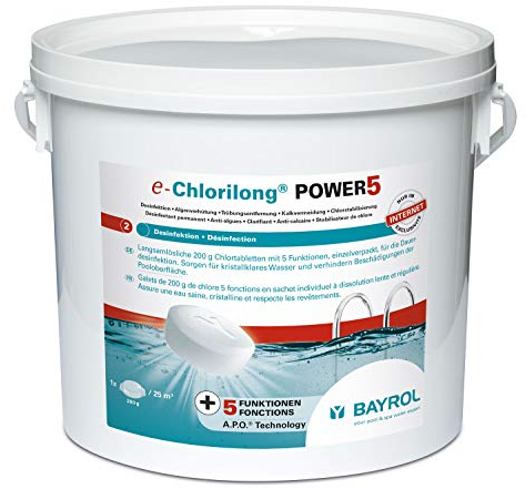 BAYROL e-Chlorilong POWER5 5 kg - Galets de Chlore Multifonction 200 g - Traitement 5 Fonctions en Un Seul Geste - pour Tous Types de filtres - Formule Silk Effect