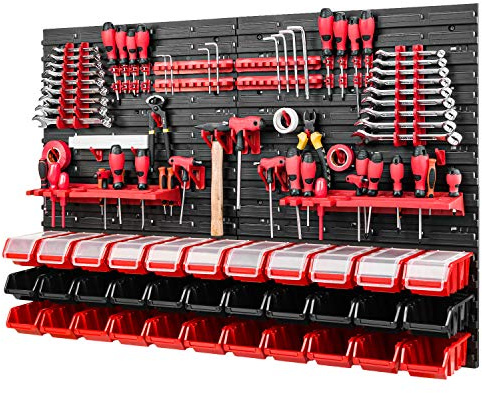 Pared de herramientas – 1152 x 780 mm – Juego de sistema de almacenamiento con pared perforada, soportes para herramientas y cajas apilables con tapa – Estantería de pared para taller, cajas de