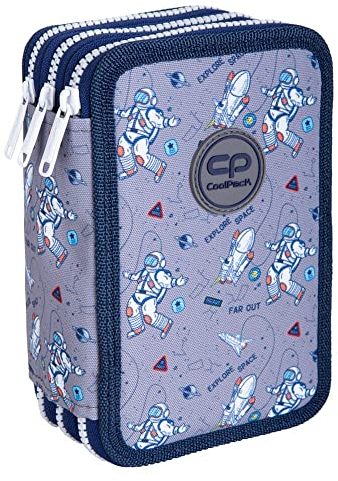 CoolPack XXL Federtasche, federmäppchen Junge, Federmappe Federmäppchen groß 44-teilig mit Aufnäher gefüllte Schüleretui 3-stöckig Motiv: Cosmic, E67541, Grau