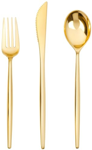 SUT 150PCS Gold Plastic Silverware, Plastic Utensils,Gold Silverware Disposable,Disposable Utensils Heavy Duty,Plastic Cutlery Set,Includes:50 Knives, Forks and Spoons for Party, Birthday,Wedding