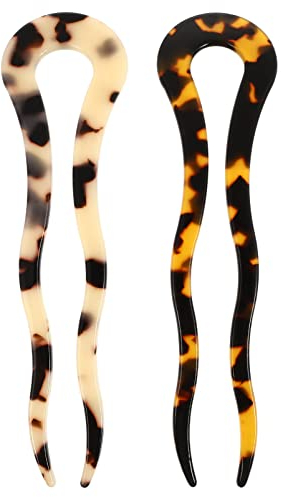 Mobestech Vintage Haarstäbchen 2 Stück Schildpatt Haargabeln U- Förmig Aushöhlen Haarstäbchen Chignon Pin Doppelzinken Haarnadel Haarschmuck für Frauen