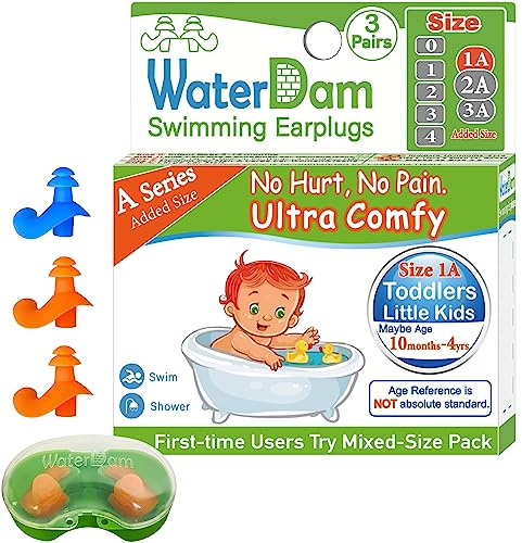 WaterDam A-Series Swimming Ear Plugs Ultra Comfy Great Waterproof Earplugs (Size 1A+1A+1A: Toddlers & Small Ear Kids (Blue Orange Orange), Size 1A)