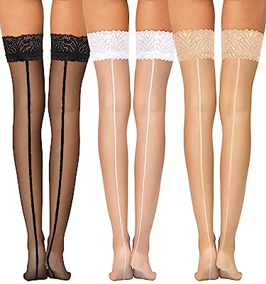 Geyoga 3 Pair Hold Up Stockings for Women Thigh High Stocking with Back Seam AntiSkid Lace Stocks for Women and Girls Supplies(Black, White, Nude)