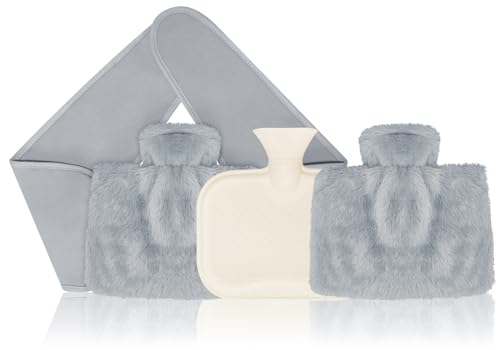 130cm Wearable Hot Water Bottle with Waist Cover, 1L Rubber Hot Water Bag with Soft Plush Cover, Wrap Around Warm Water Bottle Belt for Period, Neck, Shoulder, Back Pain Relief (Grey)