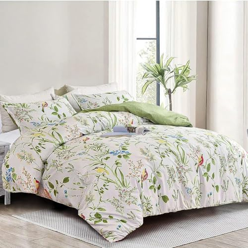 DXHOME Ropa de cama de 135 x 200 cm, diseño de flores, verde y blanco, diseño de pájaros, suave microfibra, elegante, reversible, para adolescentes, funda nórdica con cremallera y funda de almohada de