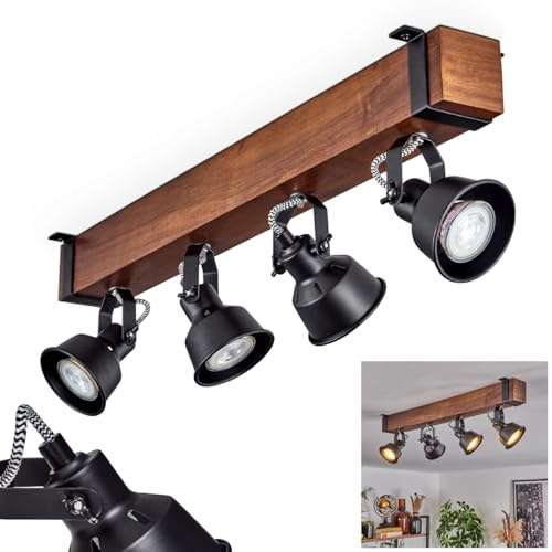 HOFSTEIN Deckenleuchte Safari, verstellbare Deckenlampe aus Metall/Holz in Schwarz/Natur, Leuchte im Industrial/Retro/Vintage-Design, Holzbalken, 4 x GU10, Wohnzimmer, Esszimmer, Schlafzimmer, Küche