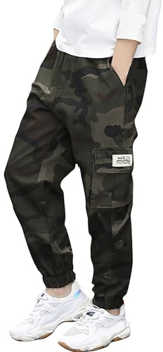Deekynoop Pantalones Cargo para Niños, Pantalón Cargo Twil para Niños con Cinturilla Elástica, Color verde camuflaje., 170-176 Grande