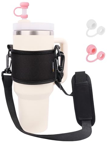 LUCKINEE Water Bottle Carrier Holder with Shoulder Strap Water Bottle Handle Strap Sling for Stanley 30&40oz Tumblers with 2pc Straw Covers Toppers for Stanley Cup Holder (Black)