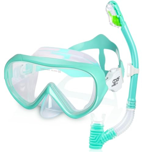 Kinder Schnorchelset mit Trocken-Schnorchel & Taucherbrille Sicherheitsglas Taucherbrille Kinder Weiches flüssiges Silikon Schnorchelset Kinder Anti-Nebel Tauchmaske Schnorcheln Set 4-14