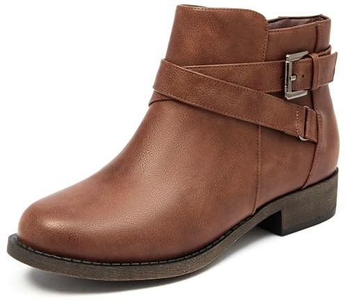 Ataiwee Women's Ankle Boots Faux Leather Low Heel Zip Booties. | Round Toe,Cover with Buckle Strap,1.26 inches Chunky Heel,Classic Fashion Fall Boots