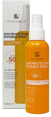 Roxanna Invisible Spray SPF50, Invisible Finish Transparent Sun Cream Spray, High Sun Protection Factor 50 SPF, 150ml Anti UVA UVB, Non Greasy, Lightweight, Moisturizing with Niacinamide, Vitamin E
