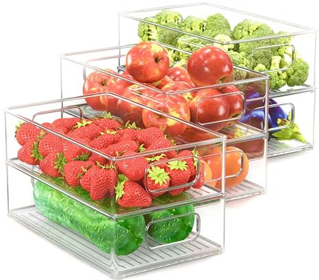 Unique Impression Set of 6 Stackable Fridge Organisers - Clear Fridge Storage Containers with Handles -Organizer Boxes for Refrigerator, Cupboard, Cabinet, Pantry, Snacks, Cans, Tins, Freezer, Kitchen