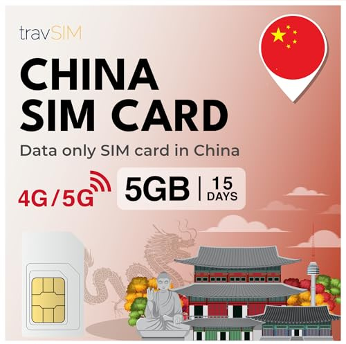 travSIM SIM Card China | SIM de 5GB de Datos | Velocidades 4G/5G para China y Macao – Acceso Completo a Google, Facebook, Whatsapp y más | Plan de Tarjeta SIM China con 15 días de validez