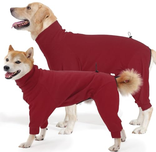 Hjyokuso Hundemantel Winter, Warmer Fleece Hundepullover mit Beinen, Weiche Vierbeinige Hundejacke für Kleine & Mittelgroße Hunde, Hundebademantel Fleece Hunde Pyjama Bekleidung Rot XL
