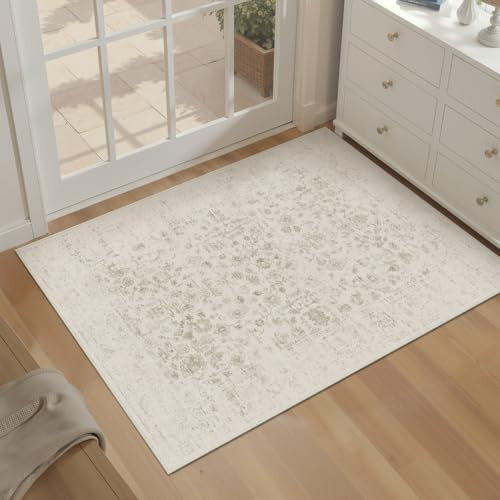 PureCozy FußMatte 60x90 cm Hellbraun Teppich klein, Schlafzimmer Waschbare Kurzflor Boho Carpet,Langlebig und Pflegeleicht, Orientalisch Ethno Muster, Balkon Wintergarten Rug