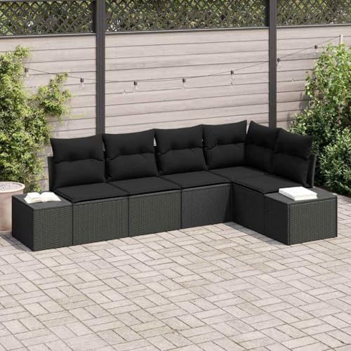 Teenpull Garten-Sofa-Set Poly-Rattan Schwarz mit Kissen, 5-teilig, modulares Outdoor Loungeset, UV-beständig, Stauraum für Balkon Terrasse