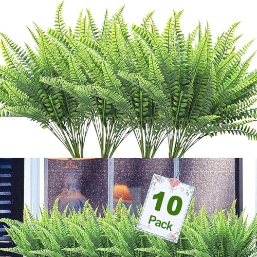 Titifeya 10pcs UV Resistant Lifelike Artificial Boston Fern, Plastic Greenery Shrubs for Indoor Outdoors, Faux Ferns Fake Ferns Artificial Plants, Fake Boston Fern for Porch Window Home Decor