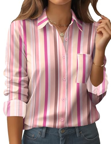 Zeagoo Button Up Blouses for Women Pink White Striped Long Sleeve Shirts Dressy Casual Fashion Tops Business Work Outfit